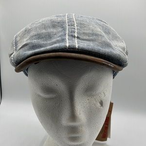 True Religion Hat Mens Newsboy Cabbie Cap Indigo Denim Embroidered Leather Patch